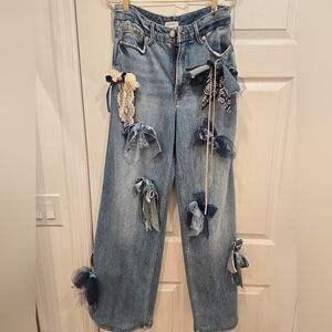 Worn Once Good American Baggy Blue Embellished Flare Jeans